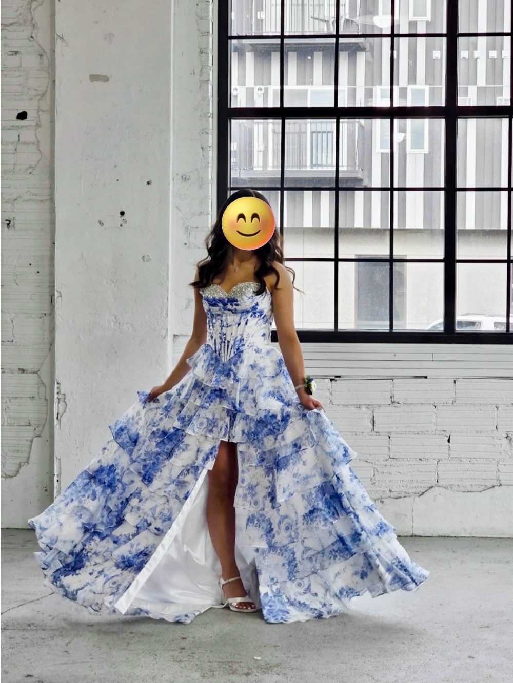 Blue and White Printed High-Low Prom Dress